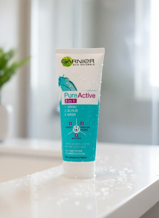 Garnier 3 in 1 Pure Active Face Wash – 100ml Liquid Cleanser for All Skin Types, Deep Cleansing and Refreshing Skincare