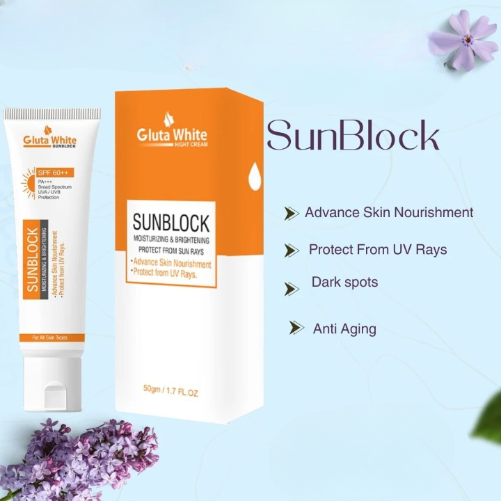 GlutaWhite Skin Brightening Sunblock SPF60 – Advanced UVA/UVB Protection, Oil-Free & Long-Lasting Moisture (60gm)